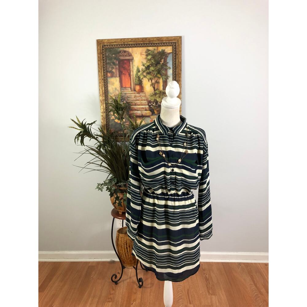 Dolce Vita Women SM Dress Elastic Waist Tab Sleeve Mid Button Up Striped Pockets